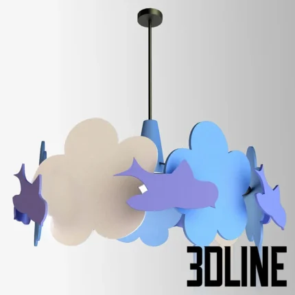 3D model of the Massive Fidoria children's pendant lamp featuring layered cloud and plane shapes in blue, purple, and beige tones.