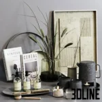 3D model set of modern kitchen accessories including Meraki soap dispensers, Cereal and Kinfolk magazines, a glass vase with twigs, and textured ceramic tea set.