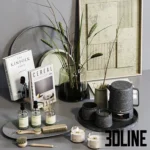 3D model set of modern kitchen accessories including Meraki soap dispensers, Cereal and Kinfolk magazines, a glass vase with twigs, and textured ceramic tea set.