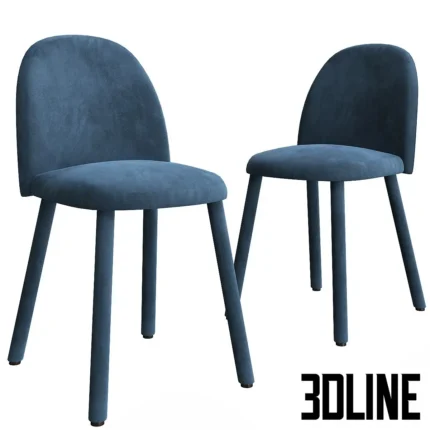 3D model of the Iola chair by Miniforms upholstered in blue velvet, featuring a soft rounded backrest and legs covered in the same fabric.