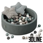 3D model of a grey Misioo velvet ball pit filled with grey, white, and teal plastic balls, accessorized with two star-shaped cushions.