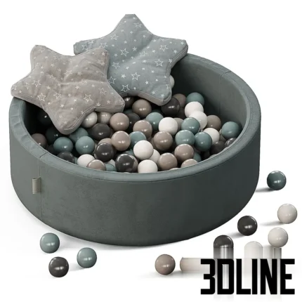 3D model of a grey Misioo velvet ball pit filled with grey, white, and teal plastic balls, accessorized with two star-shaped cushions.