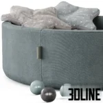 3D model of a grey Misioo velvet ball pit filled with grey, white, and teal plastic balls, accessorized with two star-shaped cushions.