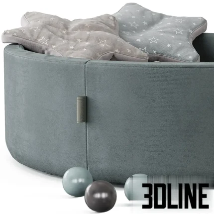 3D model of a grey Misioo velvet ball pit filled with grey, white, and teal plastic balls, accessorized with two star-shaped cushions.