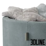 3D model of a grey Misioo velvet ball pit filled with grey, white, and teal plastic balls, accessorized with two star-shaped cushions.