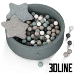 3D model of a grey Misioo velvet ball pit filled with grey, white, and teal plastic balls, accessorized with two star-shaped cushions.