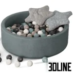 3D model of a grey Misioo velvet ball pit filled with grey, white, and teal plastic balls, accessorized with two star-shaped cushions.