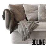 3D model of the Block Sofa by Missana featuring a playful, chunky design with rounded edges, heavily styled with numerous patterned pillows and throw blankets.