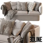 3D model of the Block Sofa by Missana featuring a playful, chunky design with rounded edges, heavily styled with numerous patterned pillows and throw blankets.