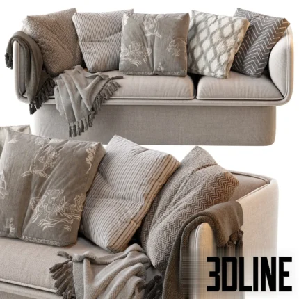3D model of the Block Sofa by Missana featuring a playful, chunky design with rounded edges, heavily styled with numerous patterned pillows and throw blankets.