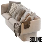 3D model of the Block Sofa by Missana featuring a playful, chunky design with rounded edges, heavily styled with numerous patterned pillows and throw blankets.