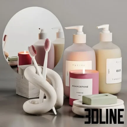 3D model set of modern bathroom accessories including Tangent GC soap bottles, a pink Anamorphine candle, and a sculptural white toothbrush holder.