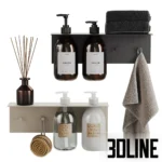 3D model set of modern bathroom accessories including a metal shelf with folded black towels, La Vie soap dispensers, reed diffuser, and a hanging waffle towel.