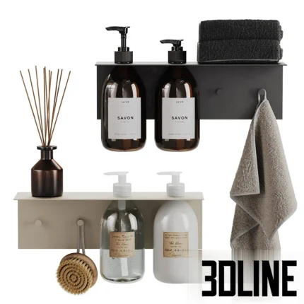 3D model set of modern bathroom accessories including a metal shelf with folded black towels, La Vie soap dispensers, reed diffuser, and a hanging waffle towel.