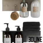 3D model set of modern bathroom accessories including a metal shelf with folded black towels, La Vie soap dispensers, reed diffuser, and a hanging waffle towel.