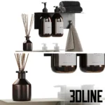 3D model set of modern bathroom accessories including a metal shelf with folded black towels, La Vie soap dispensers, reed diffuser, and a hanging waffle towel.