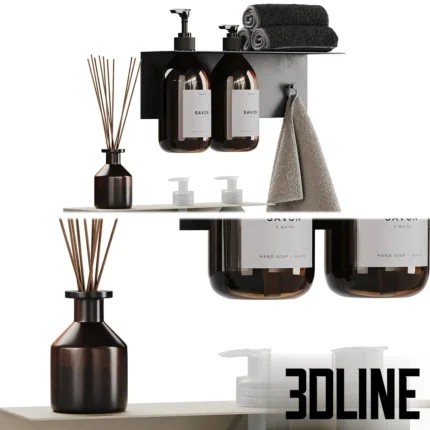 3D model set of modern bathroom accessories including a metal shelf with folded black towels, La Vie soap dispensers, reed diffuser, and a hanging waffle towel.
