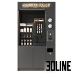 3D model of a modern black self-service coffee vending machine labeled "Coffee Point", featuring a touch screen interface, syrup bottles, and cup dispensers.