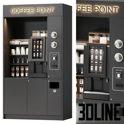 3D model of a modern black self-service coffee vending machine labeled "Coffee Point", featuring a touch screen interface, syrup bottles, and cup dispensers.
