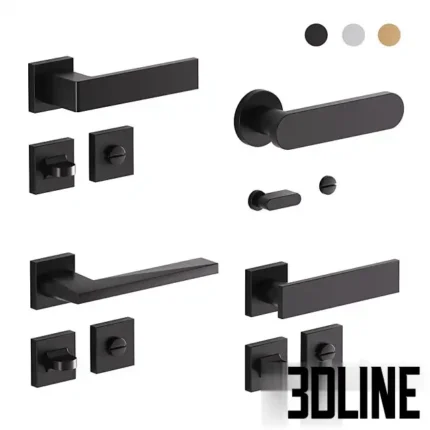 3D model collection of modern Lualdi door handles in a matte black finish, featuring both square and round rosette designs with matching locks.