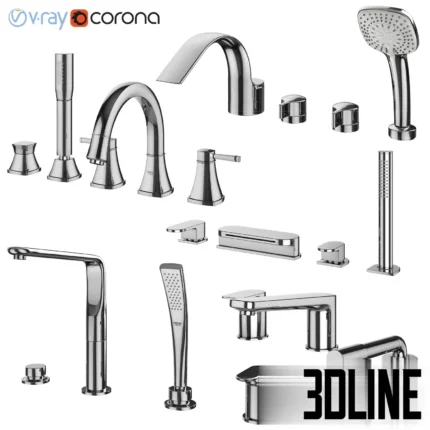 3D model collection of modern chrome inset bath mixers including waterfall spouts, curved faucets, handheld shower heads, and control handles.