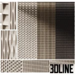 3D model set of three modern decorative wall panels featuring geometric wood relief, woven grid patterns, and vertical fluted textures.