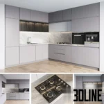 3D model of a modern L-shaped corner kitchen featuring matte grey flat-panel cabinets, white marble backsplash and countertops, and built-in Miele appliances.