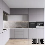 3D model of a modern L-shaped corner kitchen featuring matte grey flat-panel cabinets, white marble backsplash and countertops, and built-in Miele appliances.