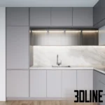 3D model of a modern L-shaped corner kitchen featuring matte grey flat-panel cabinets, white marble backsplash and countertops, and built-in Miele appliances.