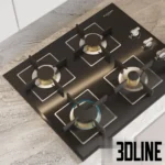 3D model of a modern L-shaped corner kitchen featuring matte grey flat-panel cabinets, white marble backsplash and countertops, and built-in Miele appliances.