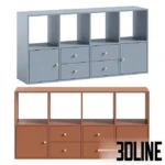 3D model of the Kane Rack 13 featuring a modern grid design with open upper shelves and lower drawers/cupboards, shown in light blue and terracotta finishes with gold knobs.