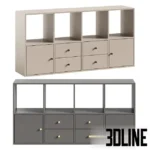 3D model of the Kane Rack 13 featuring a modern grid design with open upper shelves and lower drawers/cupboards, shown in light blue and terracotta finishes with gold knobs.