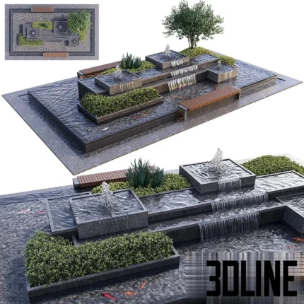 3D model of a modern multi-tiered landscape water feature with cascading waterfalls, dark stone cladding, planter boxes with greenery, and swimming koi fish.