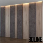 3D model of a modern luxury wall panel design featuring alternating vertical strips of light wood veneer and dark grey stone, accented with vertical slats and top LED lighting.