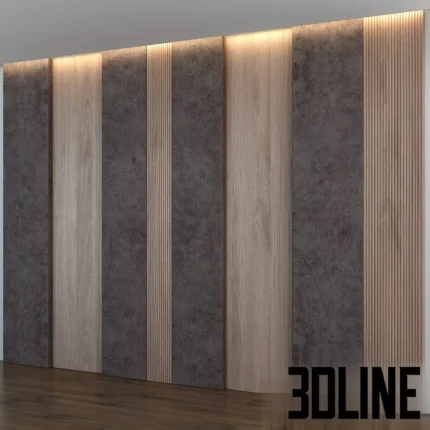 3D model of a modern luxury wall panel design featuring alternating vertical strips of light wood veneer and dark grey stone, accented with vertical slats and top LED lighting.