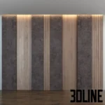 3D model of a modern luxury wall panel design featuring alternating vertical strips of light wood veneer and dark grey stone, accented with vertical slats and top LED lighting.