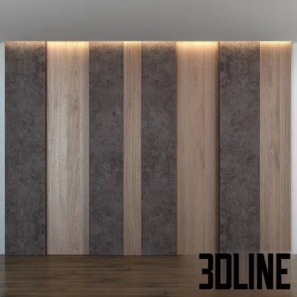 3D model of a modern luxury wall panel design featuring alternating vertical strips of light wood veneer and dark grey stone, accented with vertical slats and top LED lighting.