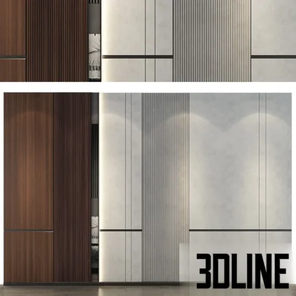 3D model of a modern luxury wall panel set combining dark wood vertical slats, light stone textures, and integrated LED lighting strips.