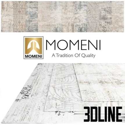 3D model of the Momeni Juliet contemporary rug collection, featuring a distressed vintage pattern with erased traditional motifs in soft beige, grey, and blue tones.