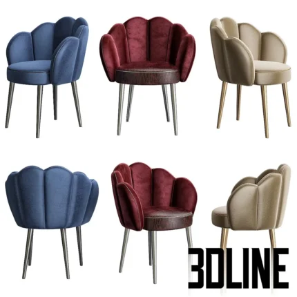 3D model set of the Munna Daisy dining chair in blue, burgundy, and beige velvet, featuring a flower petal-shaped backrest and tapered metal legs.