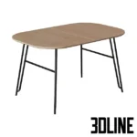 3D model of the Novaks 140 dining table featuring a light wood extendable top with rounded corners and thin black metal legs with a unique cross-brace structure.