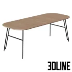 3D model of the Novaks 140 dining table featuring a light wood extendable top with rounded corners and thin black metal legs with a unique cross-brace structure.