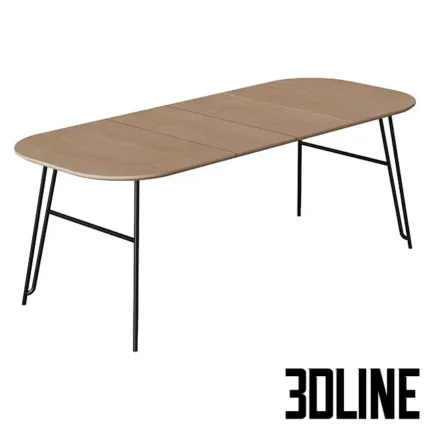 3D model of the Novaks 140 dining table featuring a light wood extendable top with rounded corners and thin black metal legs with a unique cross-brace structure.