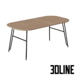 3D model of the Novaks 140 dining table featuring a light wood extendable top with rounded corners and thin black metal legs with a unique cross-brace structure.