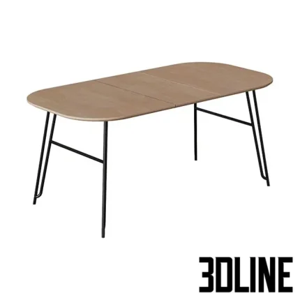 3D model of the Novaks 140 dining table featuring a light wood extendable top with rounded corners and thin black metal legs with a unique cross-brace structure.