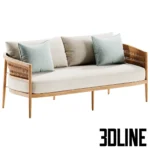 3D model of the Nusa Teak outdoor sofa featuring a solid wood frame with a curved woven rope backrest and light beige cushions.