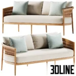 3D model of the Nusa Teak outdoor sofa featuring a solid wood frame with a curved woven rope backrest and light beige cushions.