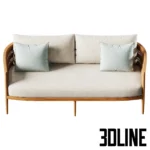 3D model of the Nusa Teak outdoor sofa featuring a solid wood frame with a curved woven rope backrest and light beige cushions.