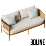 3D model of the Nusa Teak outdoor sofa featuring a solid wood frame with a curved woven rope backrest and light beige cushions.