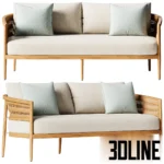 3D model of the Nusa Teak outdoor sofa featuring a solid wood frame with a curved woven rope backrest and light beige cushions.